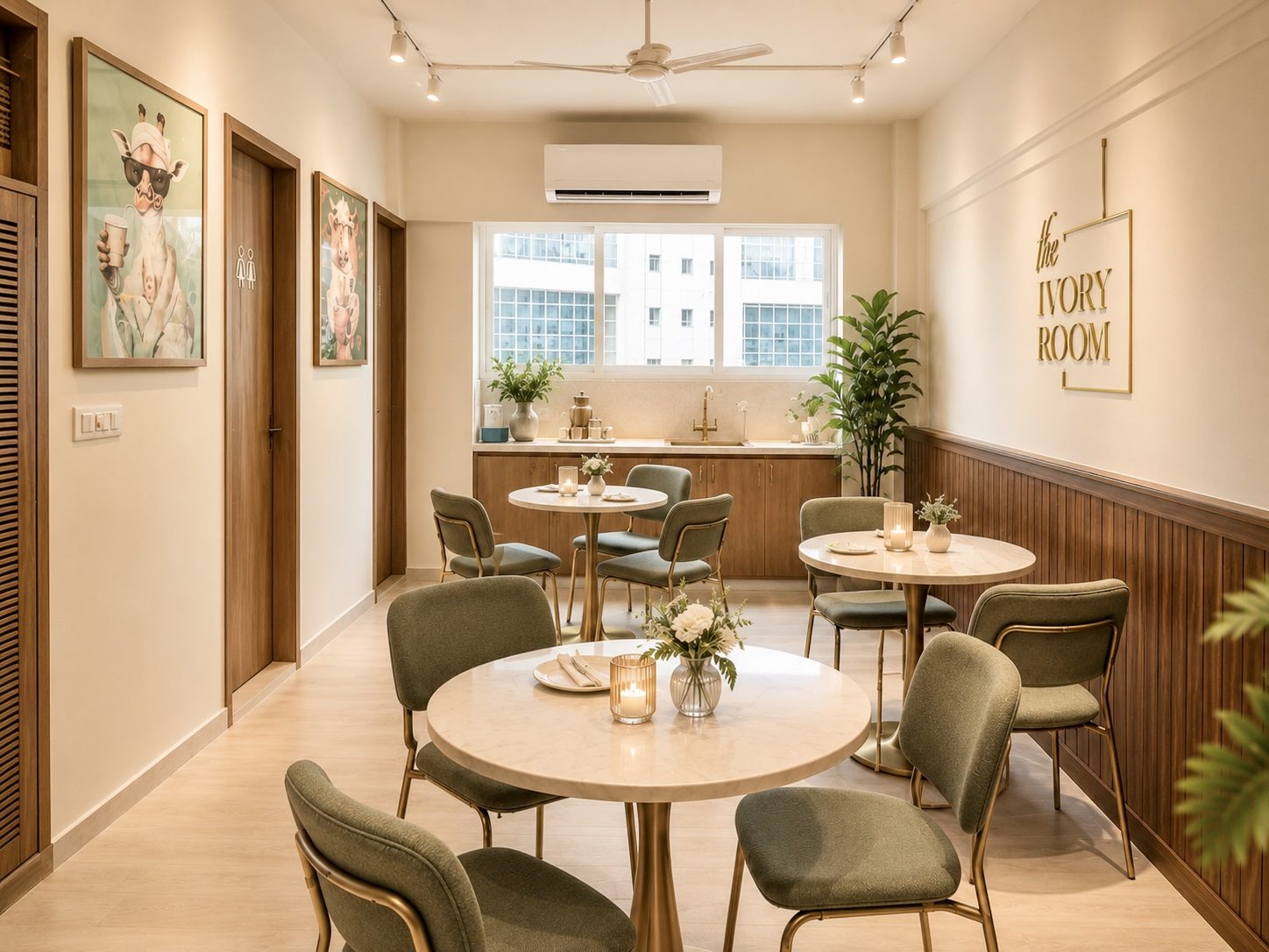 The café corner with marble tables and sage chairs