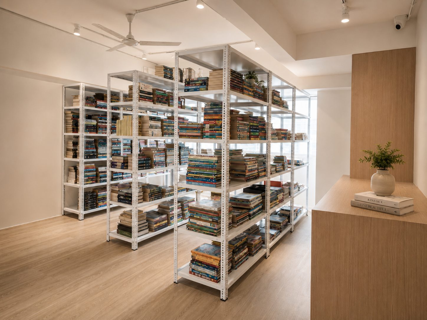 The library, shelves of collected books