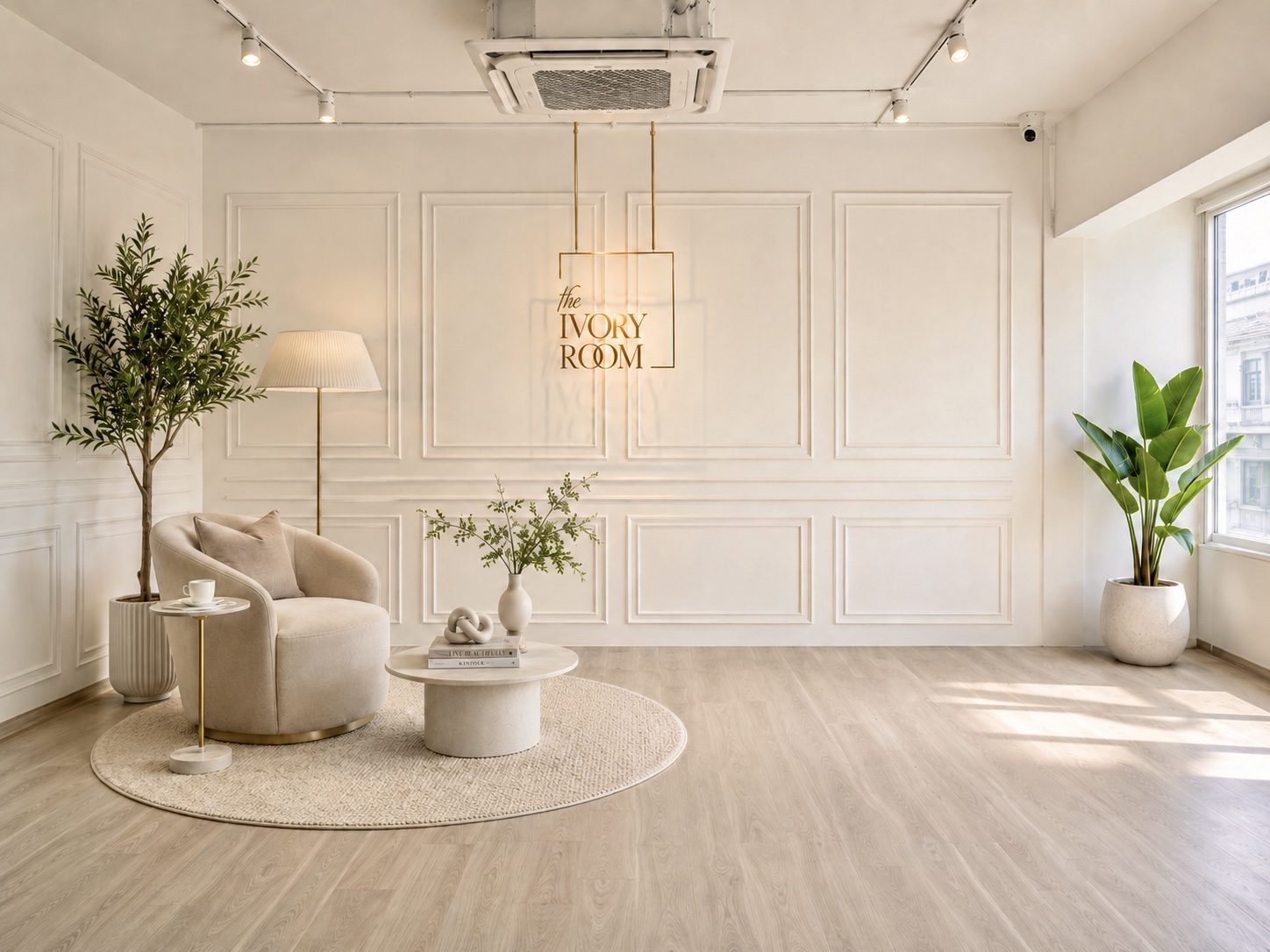 The Ivory Room — the main studio, with the brand sign suspended against panelled walls