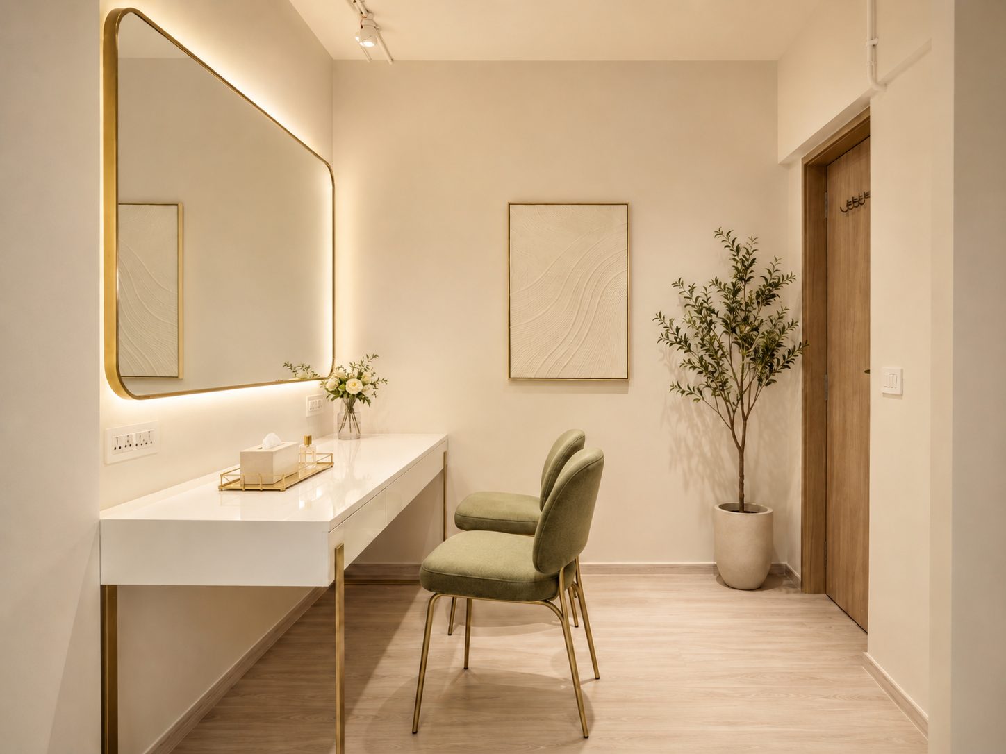 The vanity corner with a gold-lit mirror