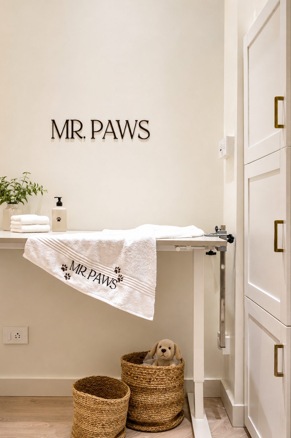 The grooming prep room with monogrammed towels and wicker baskets