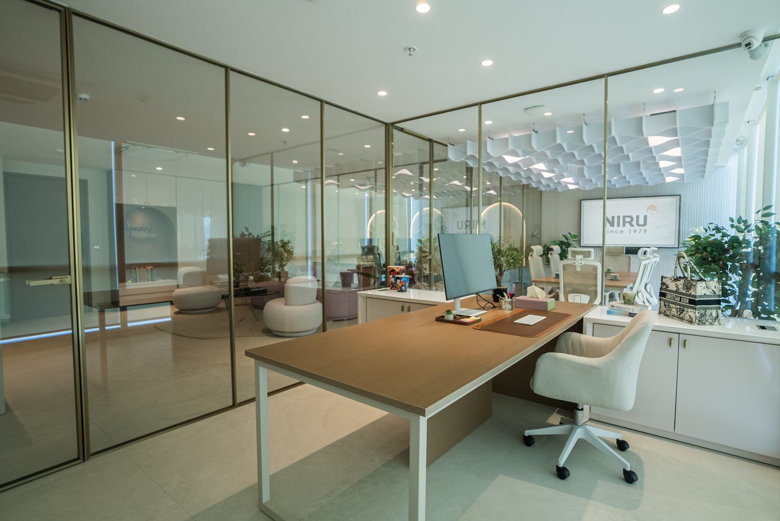 A cabin seen through gold framed glass with acoustic baffles overhead and the Niru sign