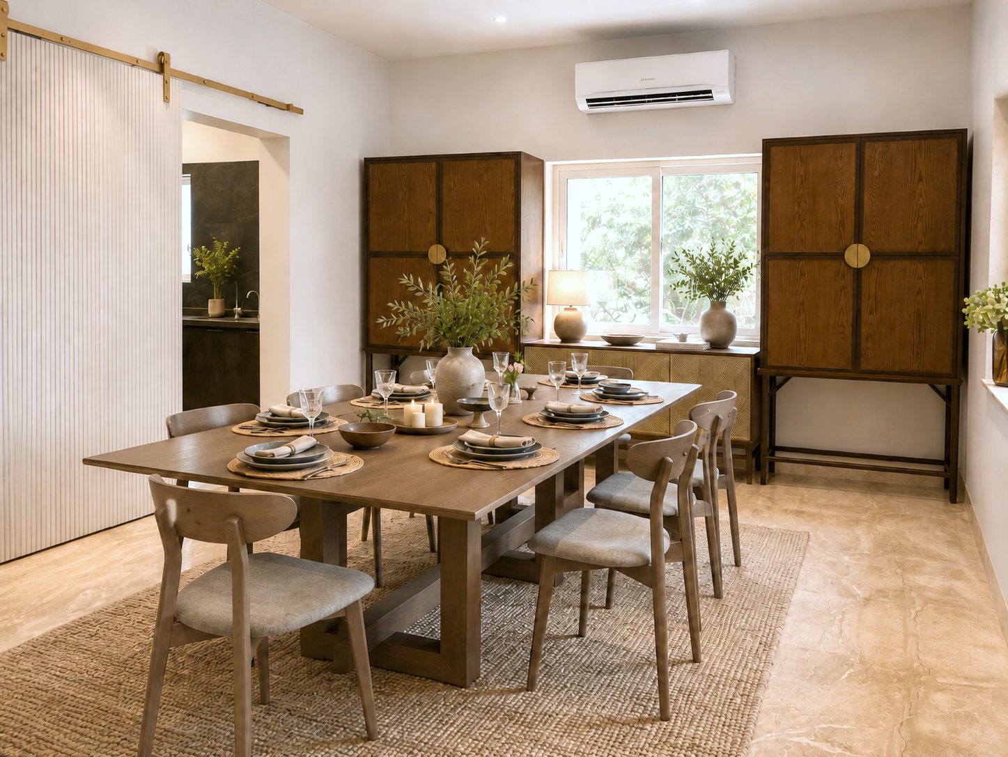The dining room with a long timber table and cabinets in warm wood