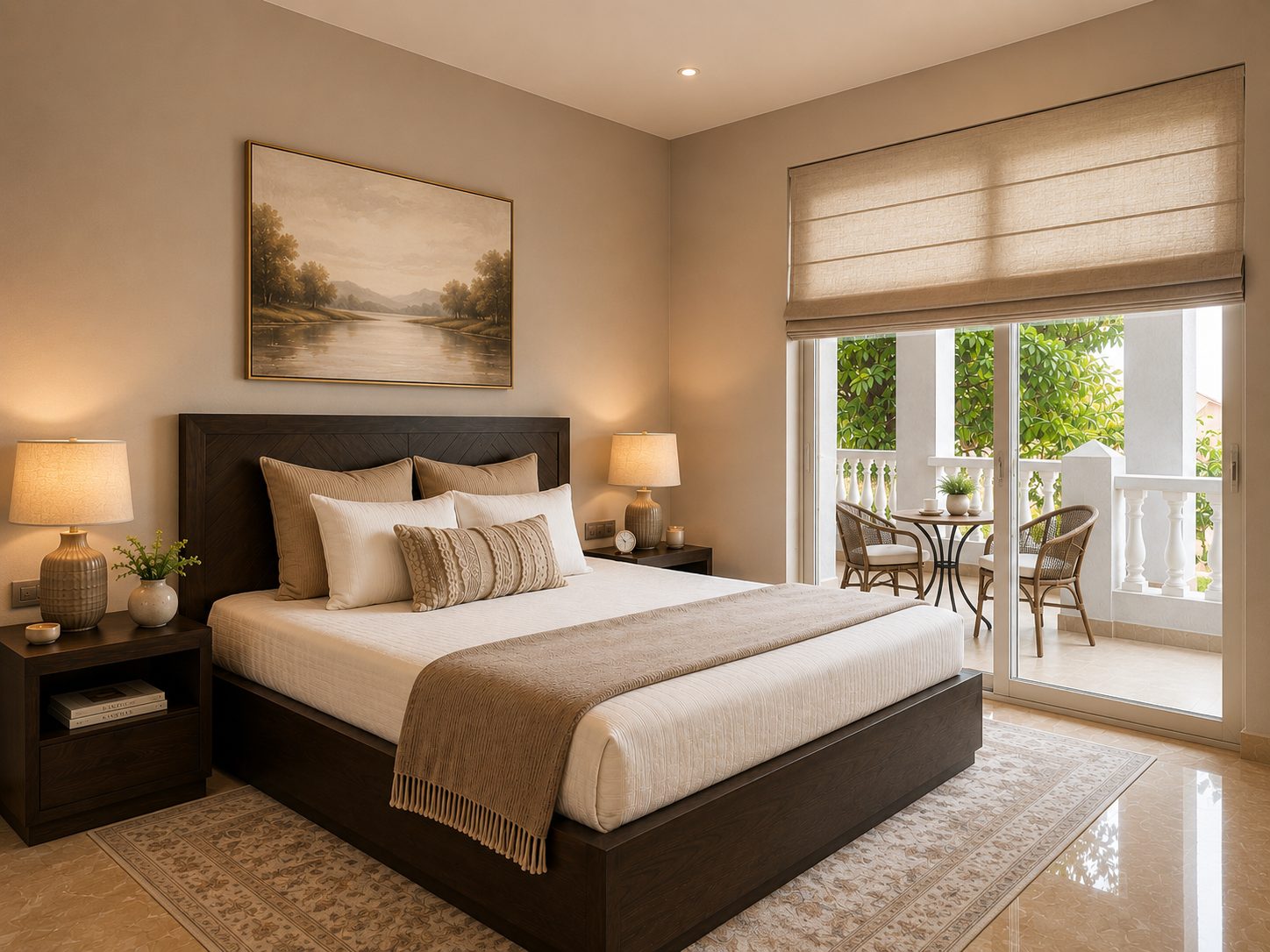 A guest bedroom opening onto its own balcony