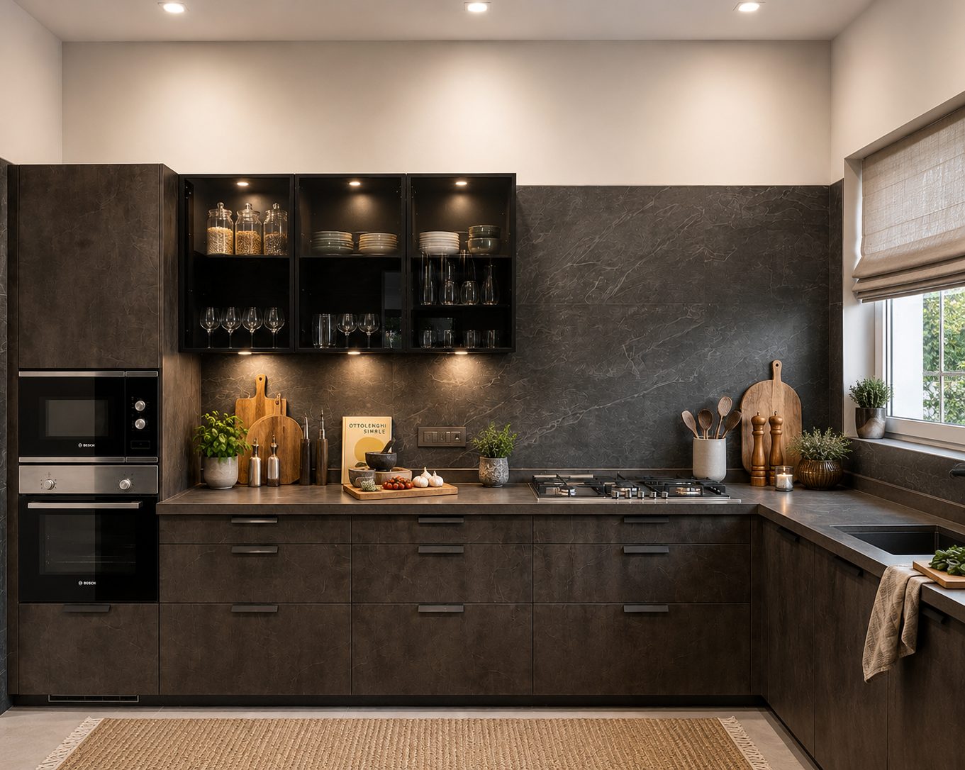 The kitchen in dark stone with lit shelving and a garden window