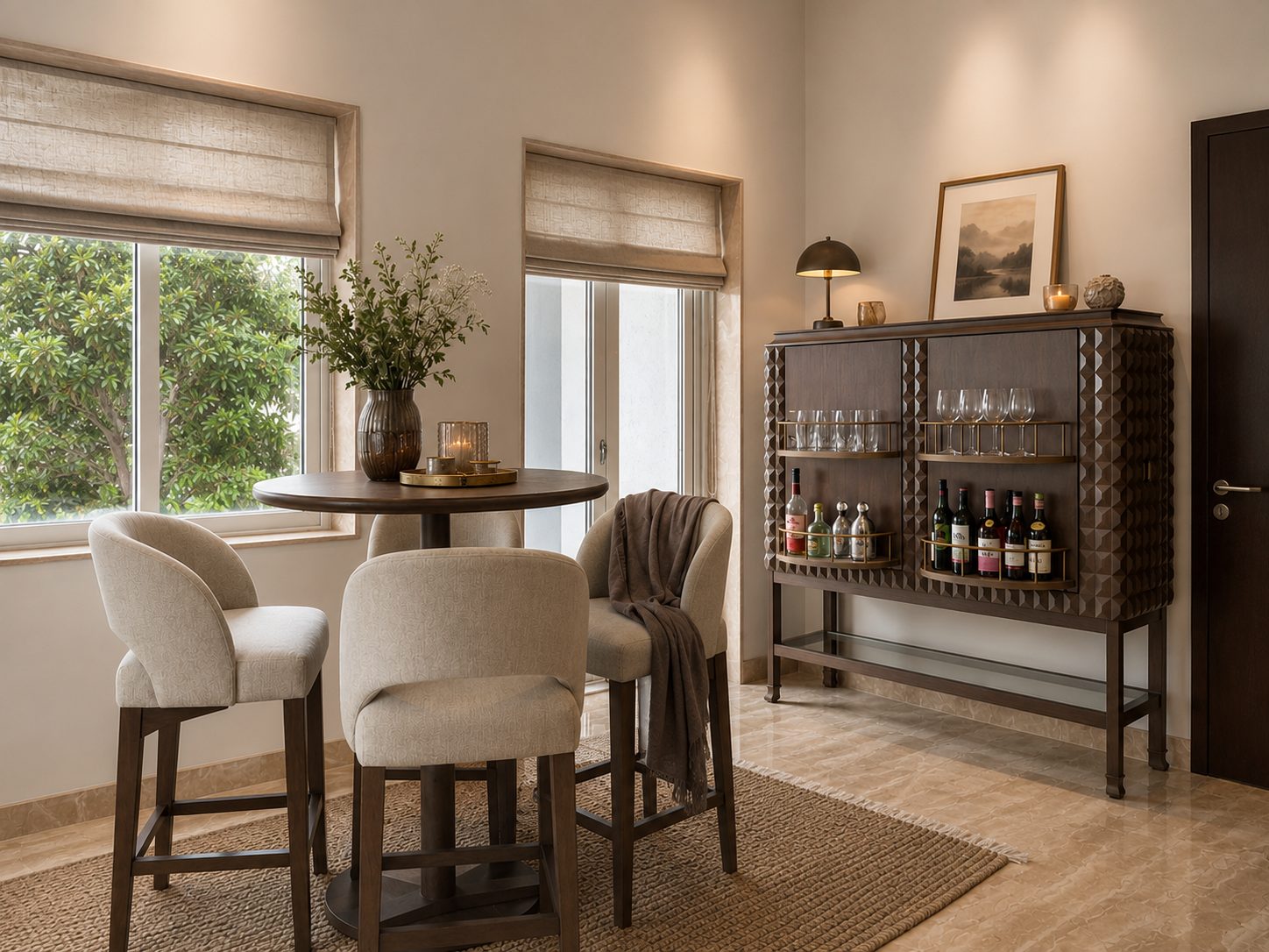 The bar nook with high stools and a carved drinks cabinet