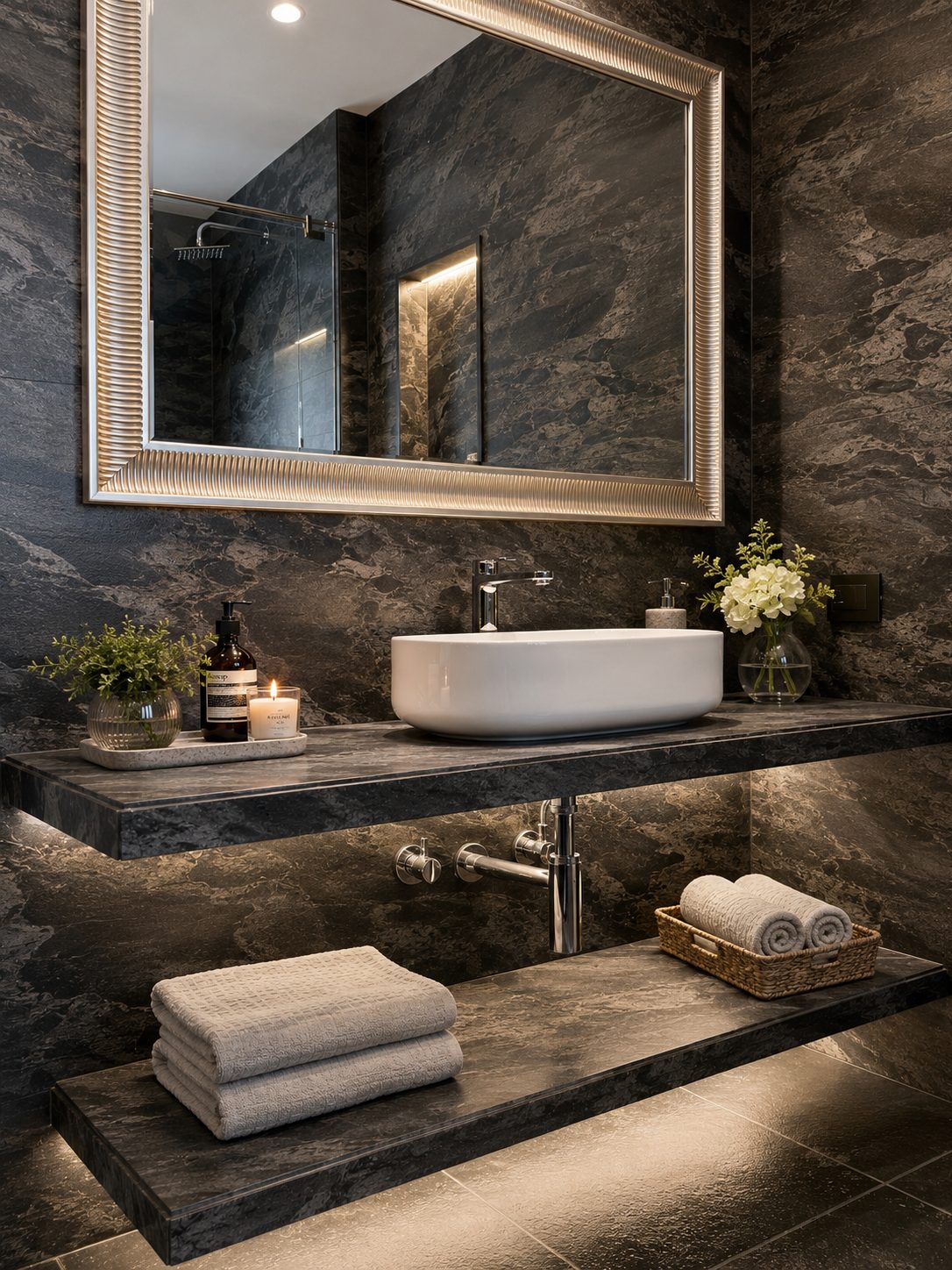 A bathroom in dark marble with a lit mirror and floating vanity